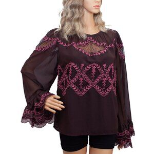 Anthropologie Embroidered Sheer Boho Blouse NWT Size L